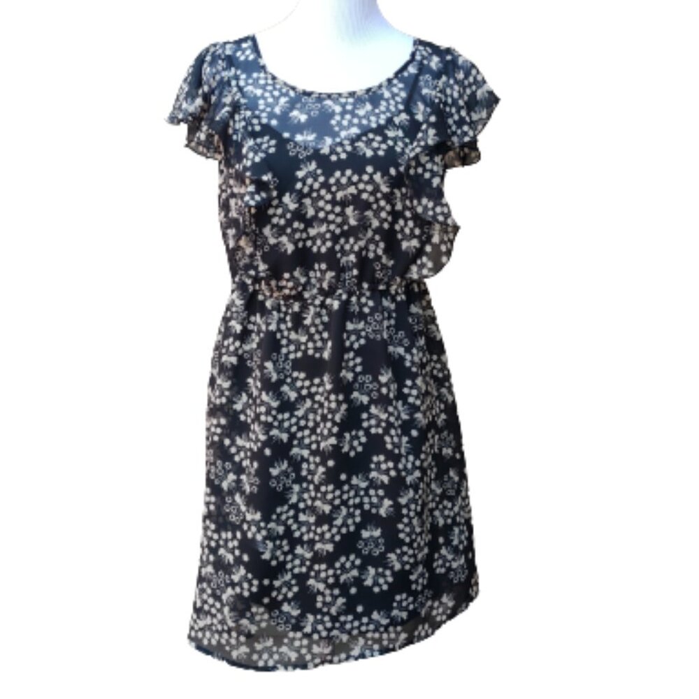 Black Rainn Floral Print Dress Black Ivory Ruffles Short Lightweight Sundress